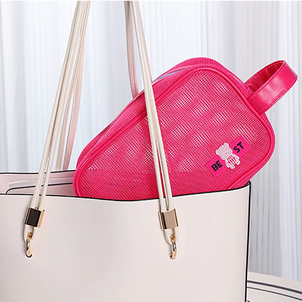 Neceser de maquillaje de malla resistente con asa y cierre