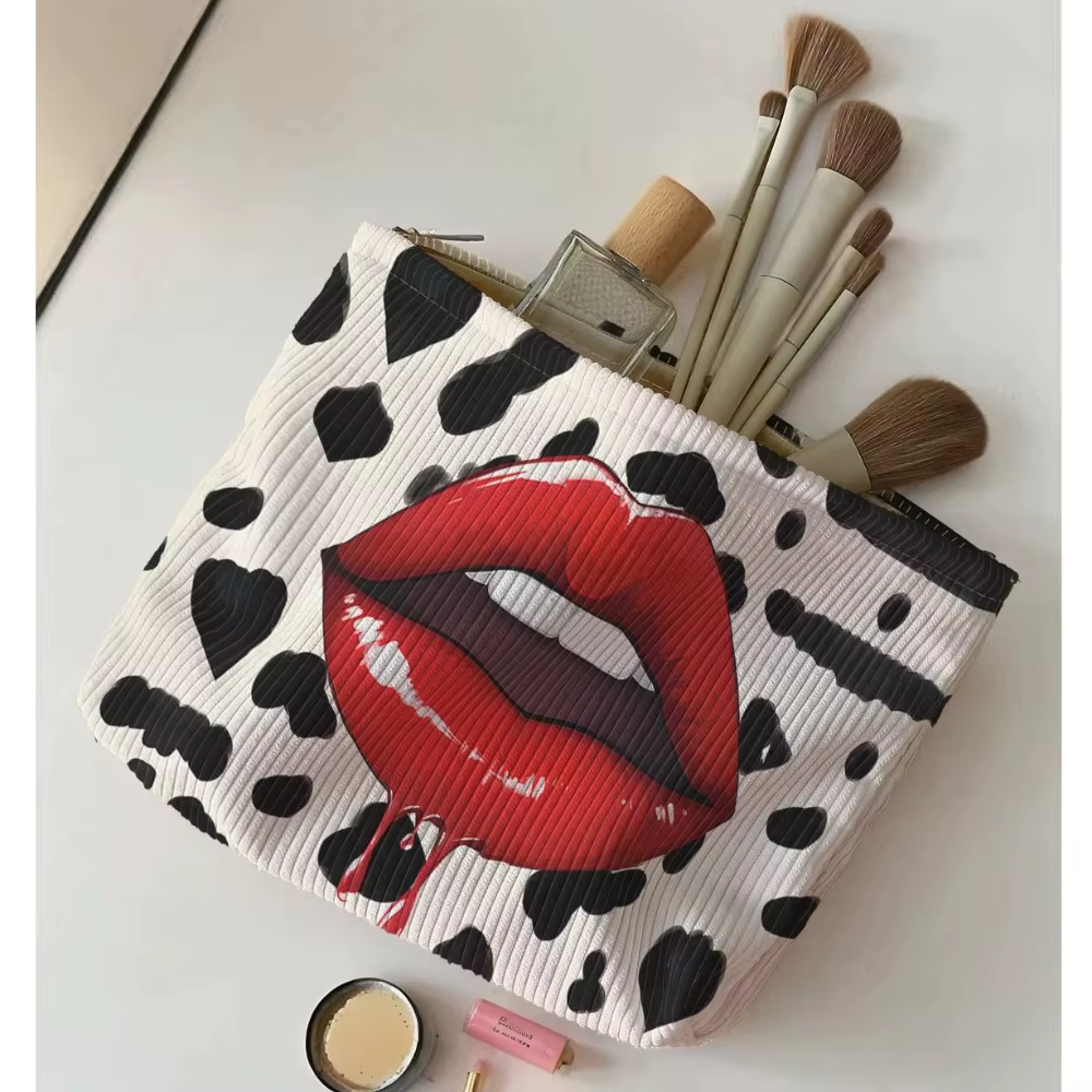 Bolsa maquillaje pana estampado labios cremallera organizador cosméticos ligero - imagen 5