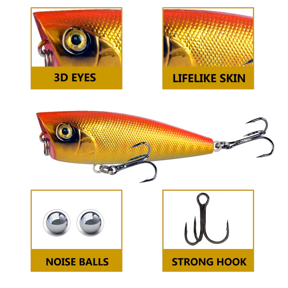 Señuelo Popper Topwater 6cm 7g flotante con anzuelos triples - imagen 3