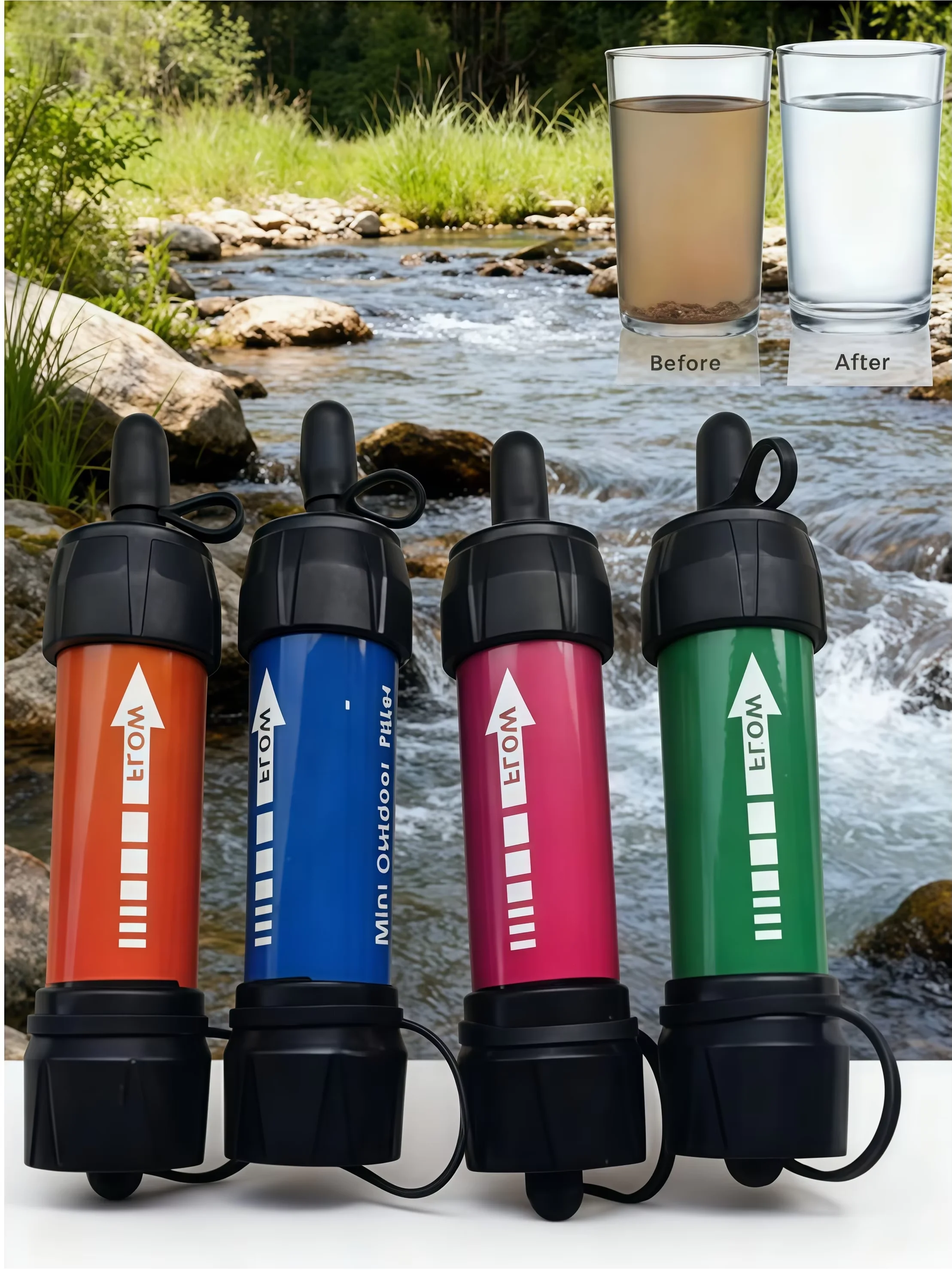Filtro de agua portátil en uso durante una acampada
