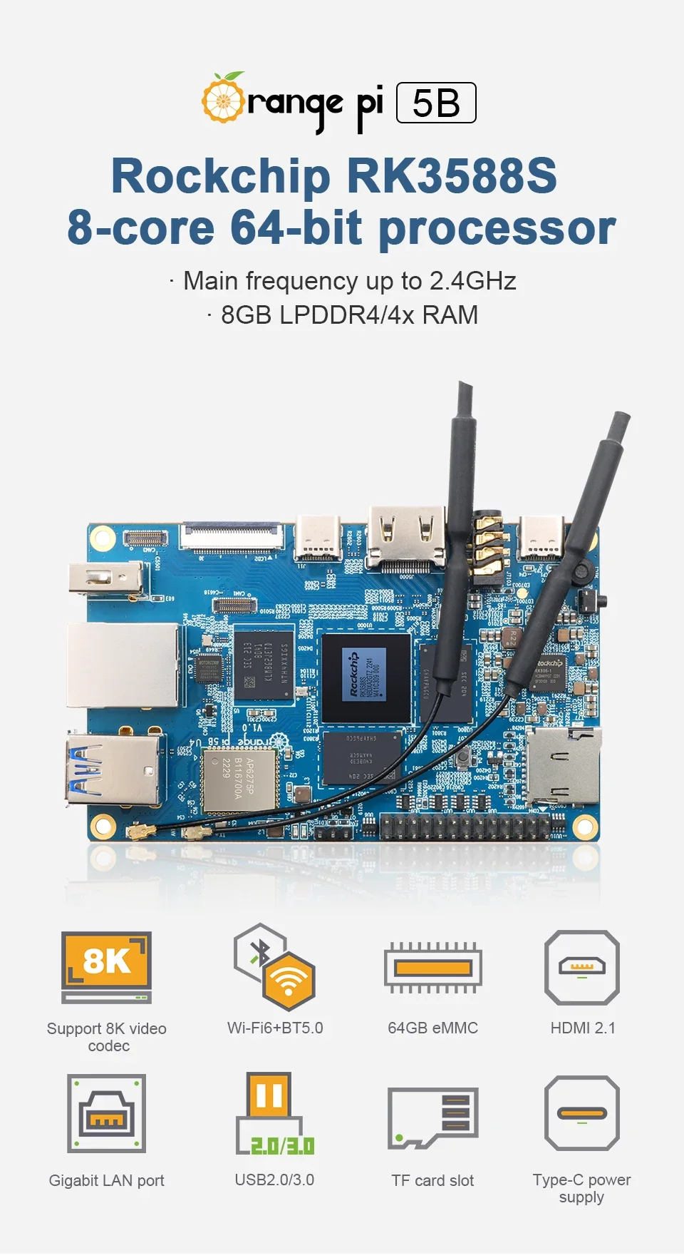 Vista de la placa Orange Pi 5B con conectividad