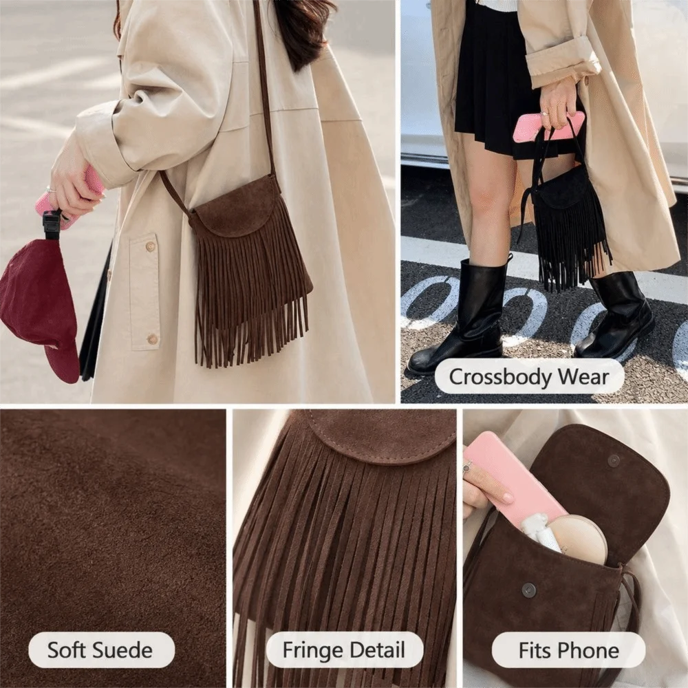 Bolso bandolera PU con borlas y cierre magnético, ante cuadrado - imagen 4