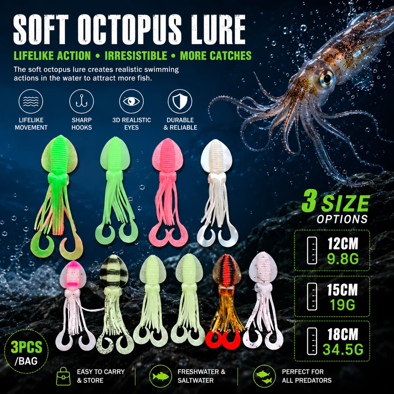 FISHINGFANS Señuelo para calamar luminoso UV – Cebo oscilante - imagen 3