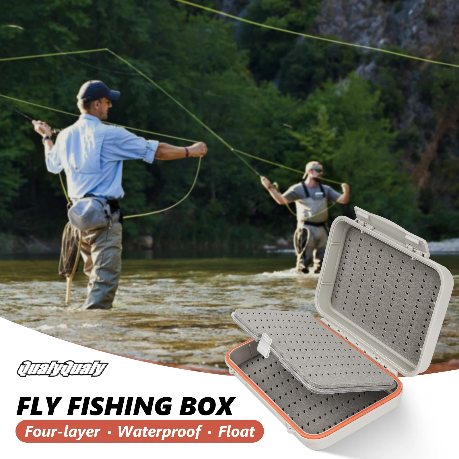 Caja de pesca con mosca impermeable en uso