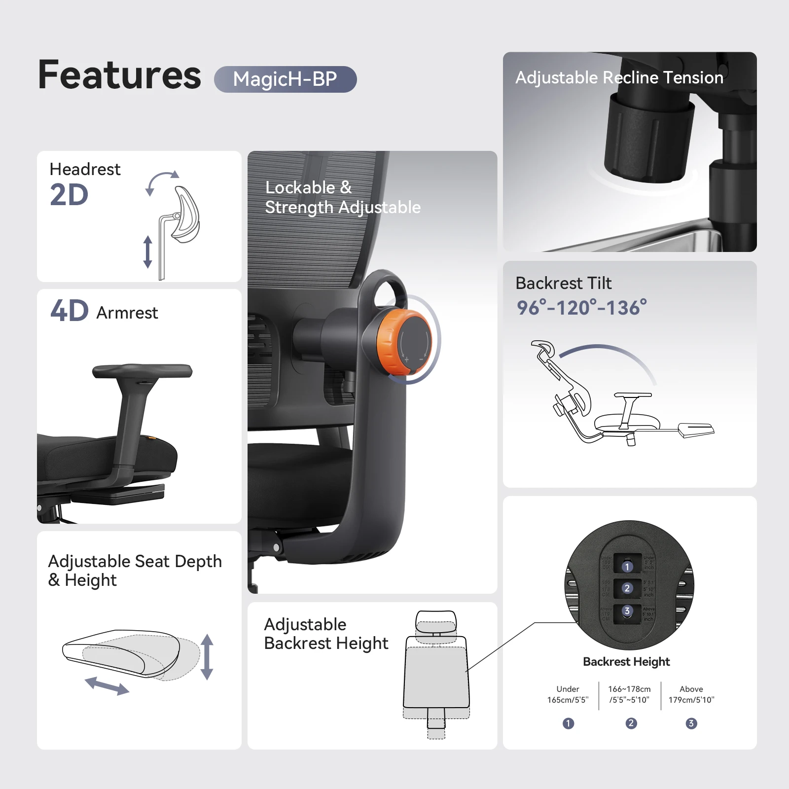 Silla ergonómica con reposapiés y soporte lumbar MagicH-BP - imagen 5