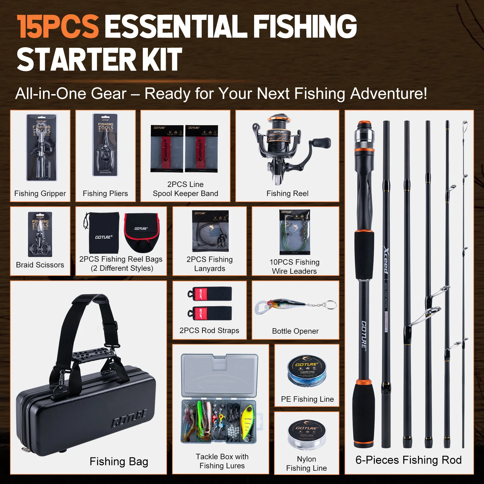 Kit de pesca portátil Goture XCEED guardado en su estuche