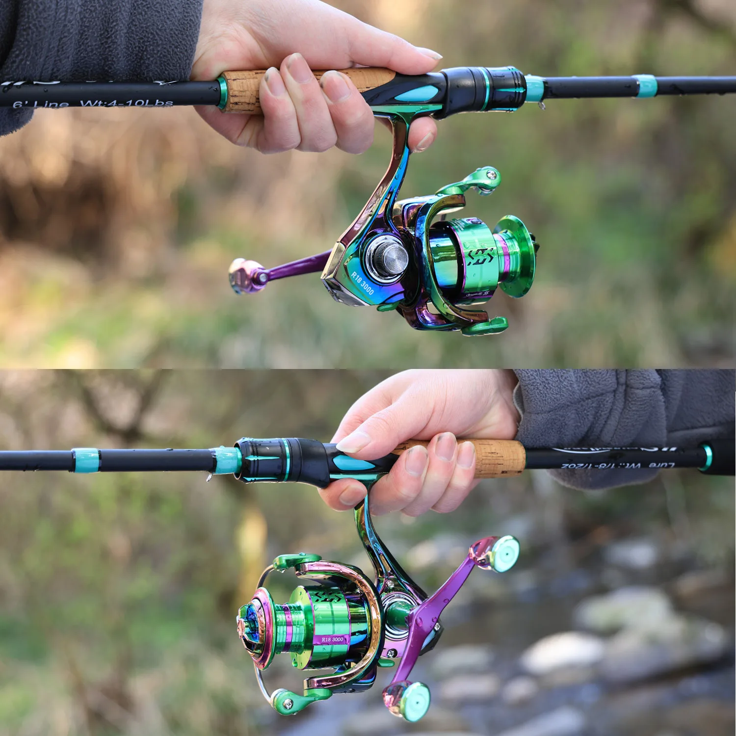 Una persona que sostiene una caña de pescar con un carrete morado y verde