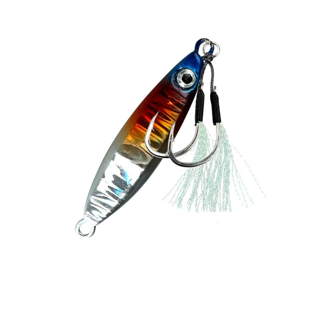 Señuelo de pesca con cierre lento y doble anzuelo en detalle