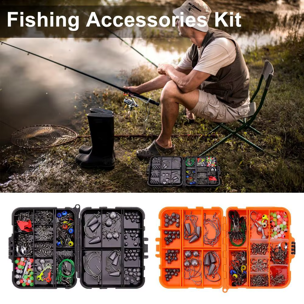 Packaging del kit de accesorios de pesca con 258 piezas y alicate incluido