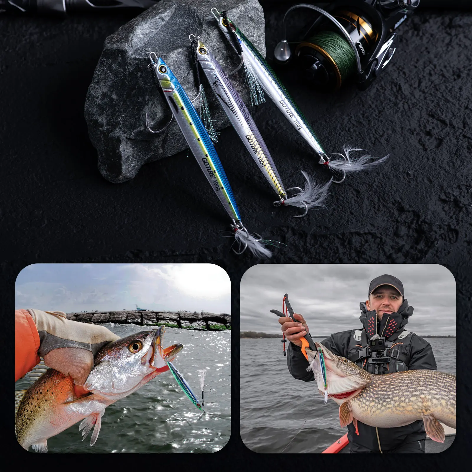 Jigs de 60g en varios colores dentro de su bolsa de almacenaje