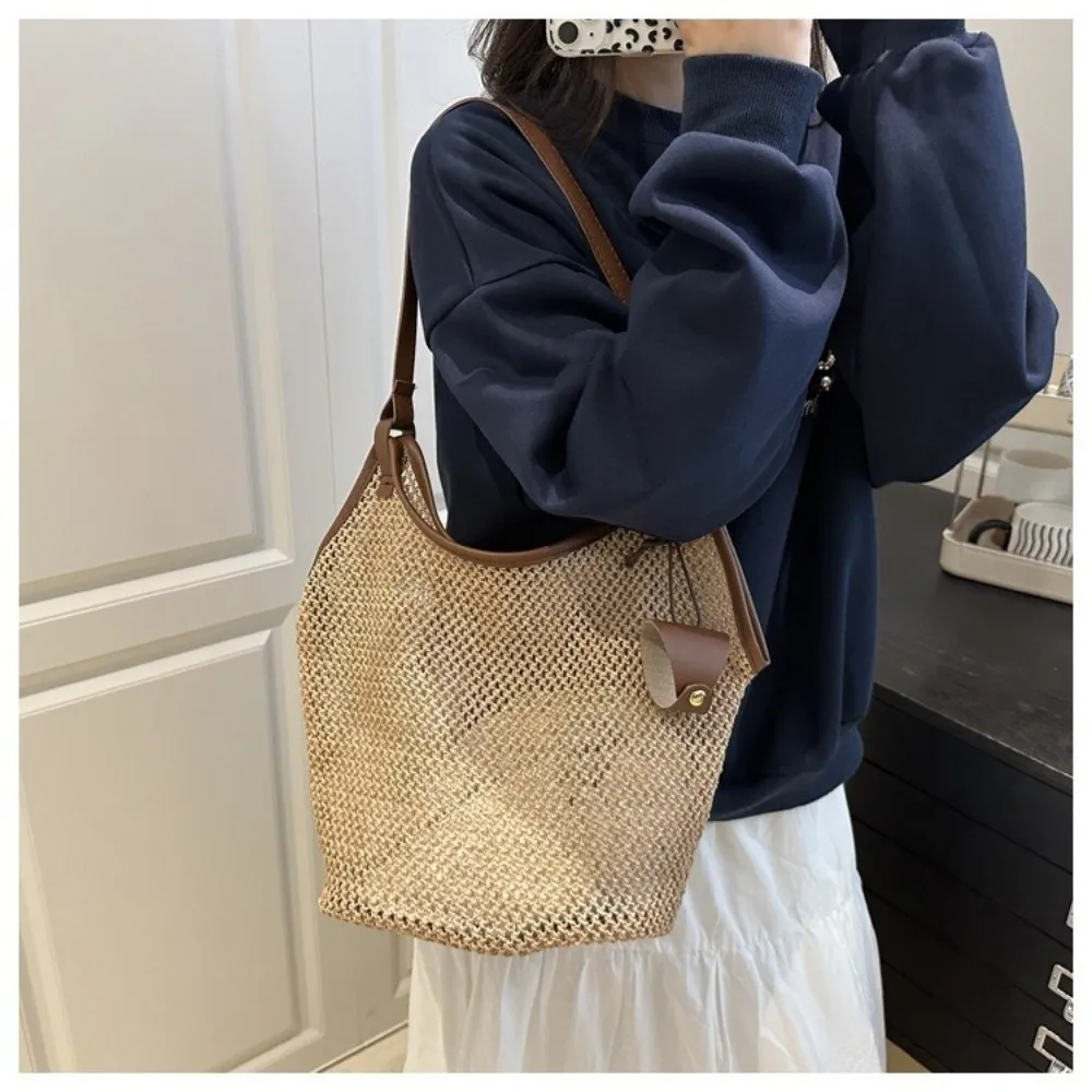 Bolso de hombro de paja tejida con correas de PU y gran capacidad - imagen 2