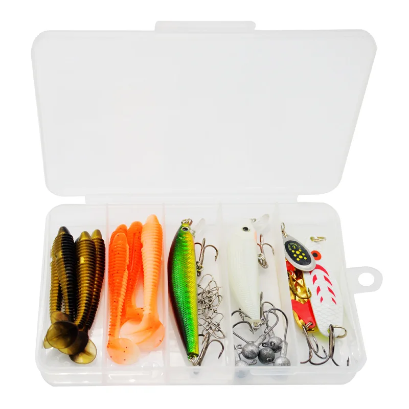 Variedad completa del set de pesca con diferentes tipos de señuelo