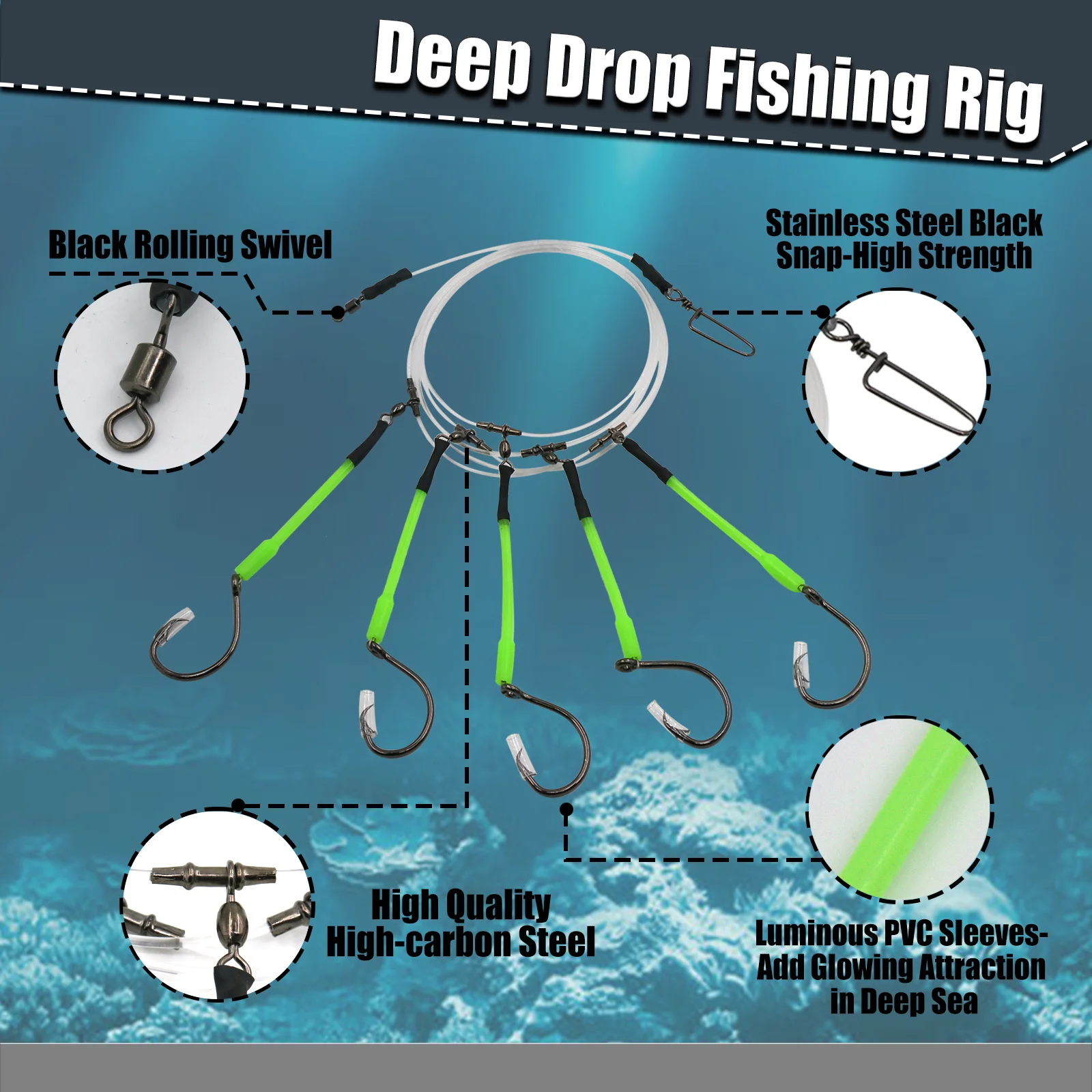 Detalle del aparejo pre-ensamblado para pesca profunda en mar