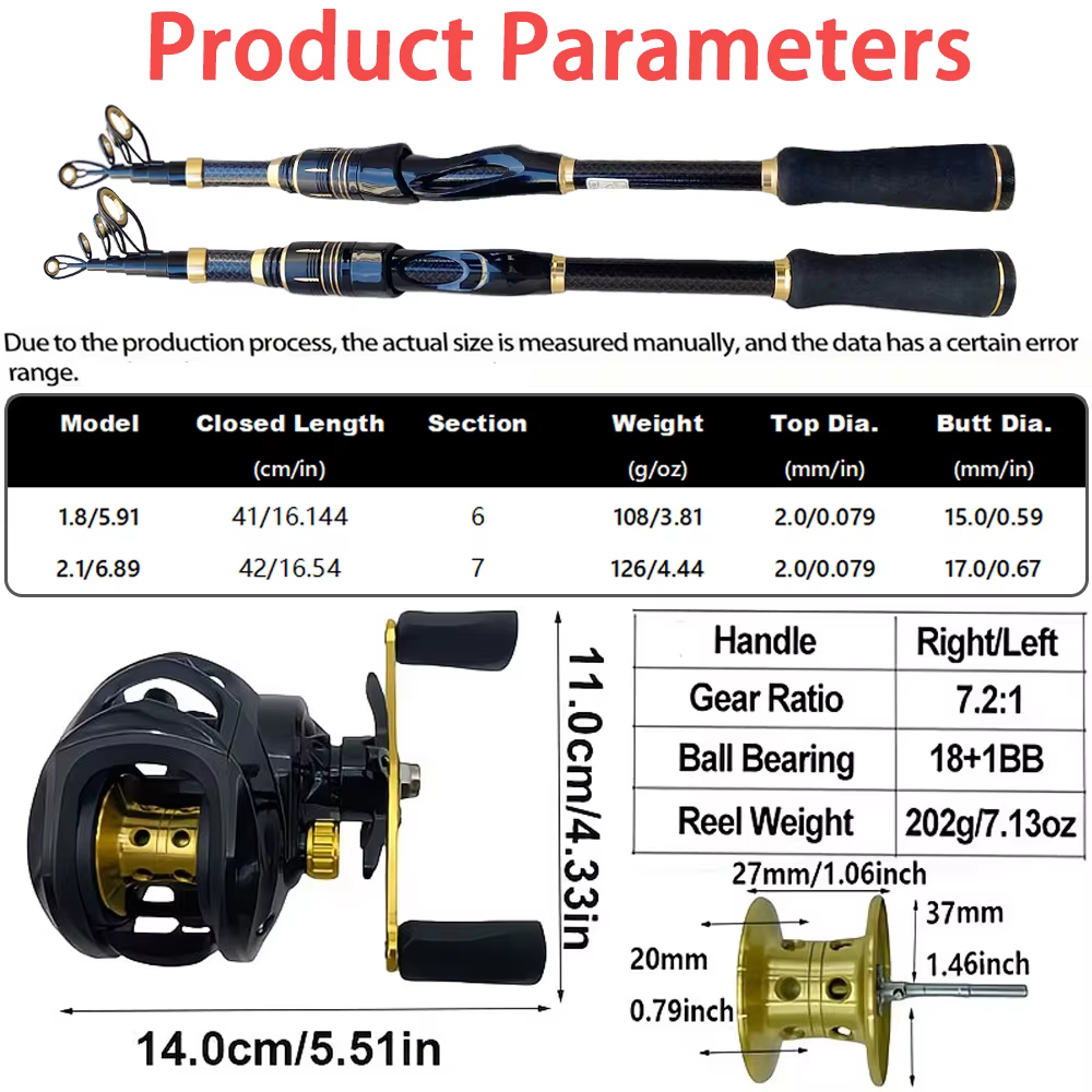 Combo Caña Telescópica Carb + Carrete Baitcasting 7.2:1 - imagen 4