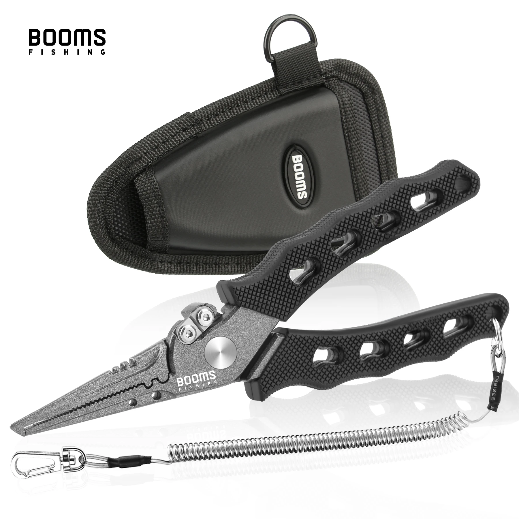 Alicates Booms Fishing‑F07 en mano mostrando el mango ergonómico