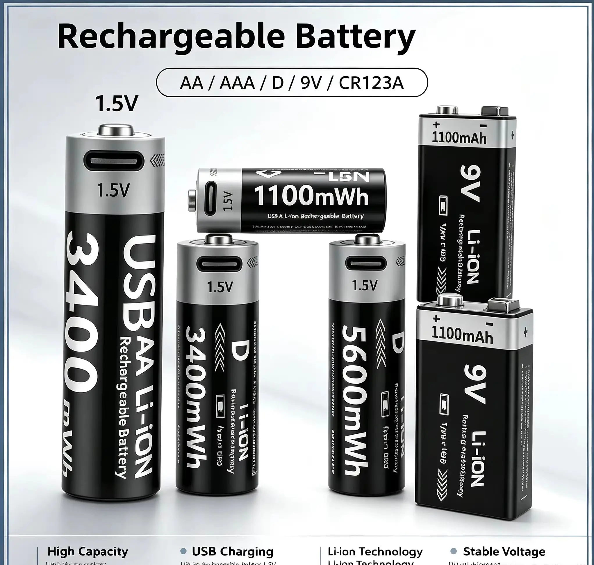 Baterías recargables de litio USB alta capacidad para AA y AAA