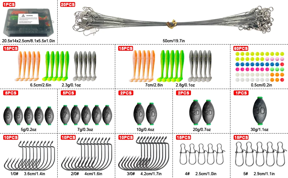 Componentes del kit: plomos, broches y anzuelos