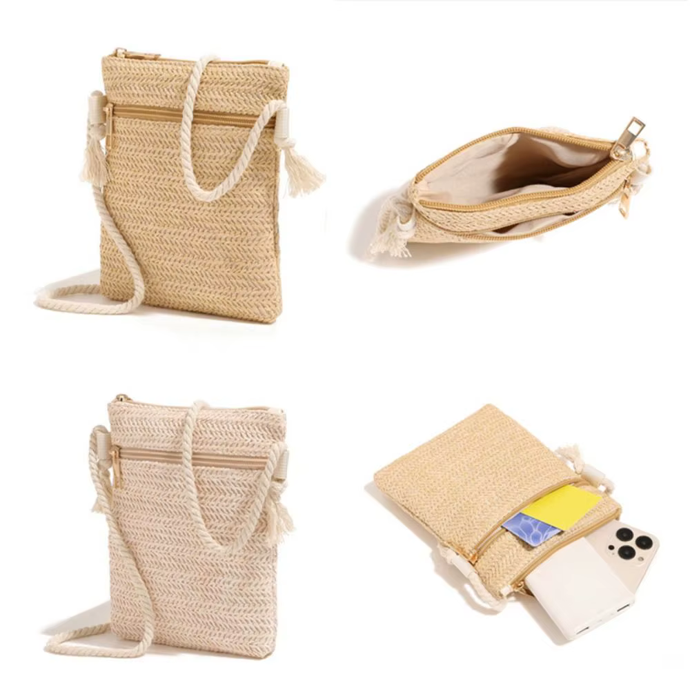 Bolso bandolera de paja tejido cuadrado para móvil - imagen 2