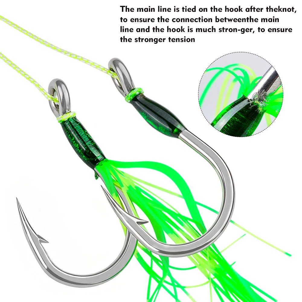 Anzuelos Dobles Jigging Ojo Grande con Pluma Verde Proberos – Acero