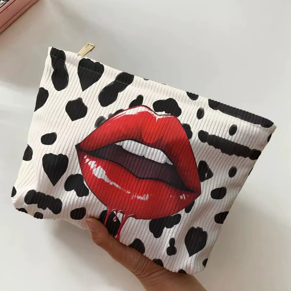 Bolsa maquillaje pana estampado labios cremallera organizador cosméticos ligero