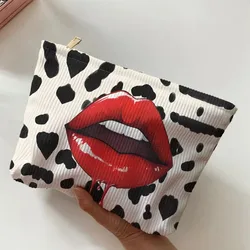 Bolsa maquillaje pana estampado labios cremallera organizador cosméticos ligero