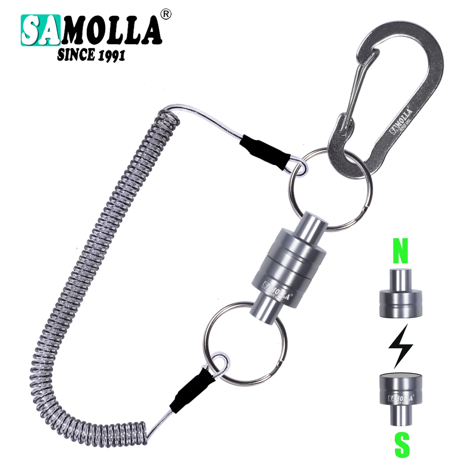 Liberador magnetico para red con cordon espiral y mosqueton ideal
