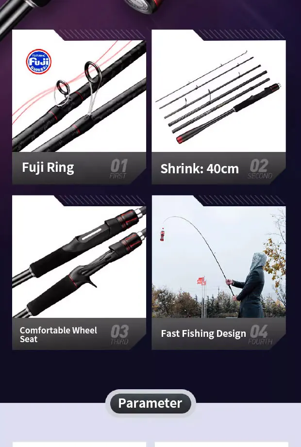 Caña Kawa totalmente extendida mostrando su diseño fino y anillos Fuji