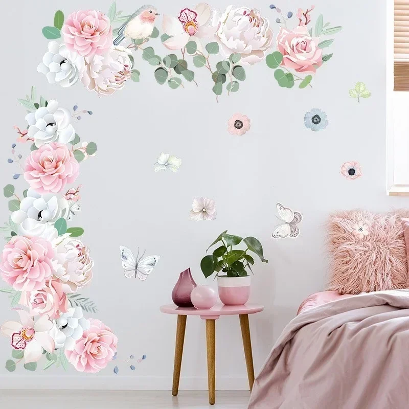 Pegatinas de pared con peonías y hojas verdes