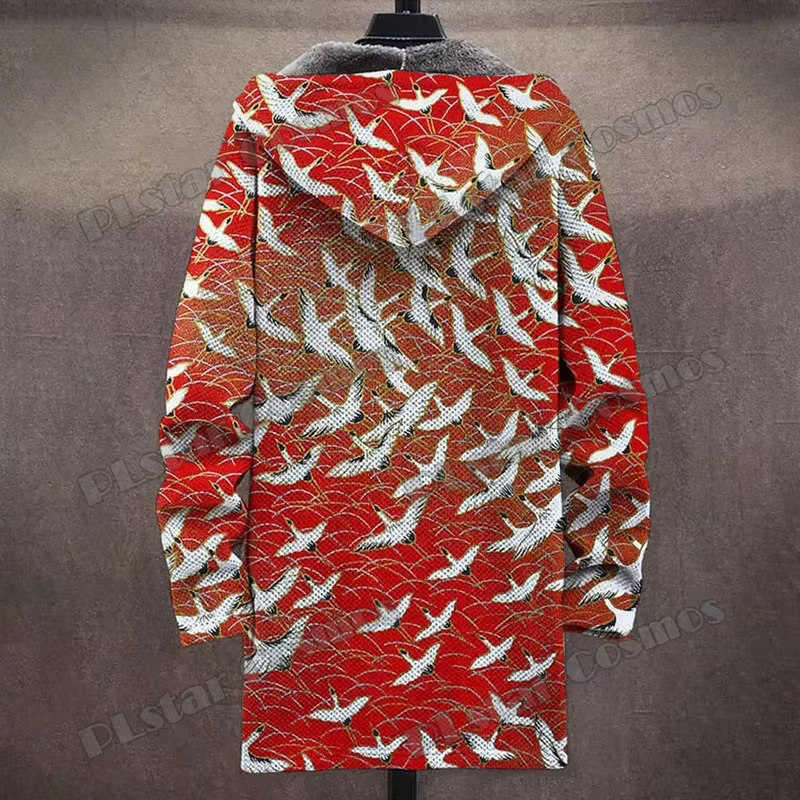 Chaqueta Abrigo Largo con Capucha Estampado 3D Grulla – Estilo Japonés - imagen 3