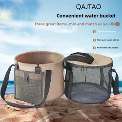 Cubo plegable de pesca impermeable con bolsillos laterales interiores