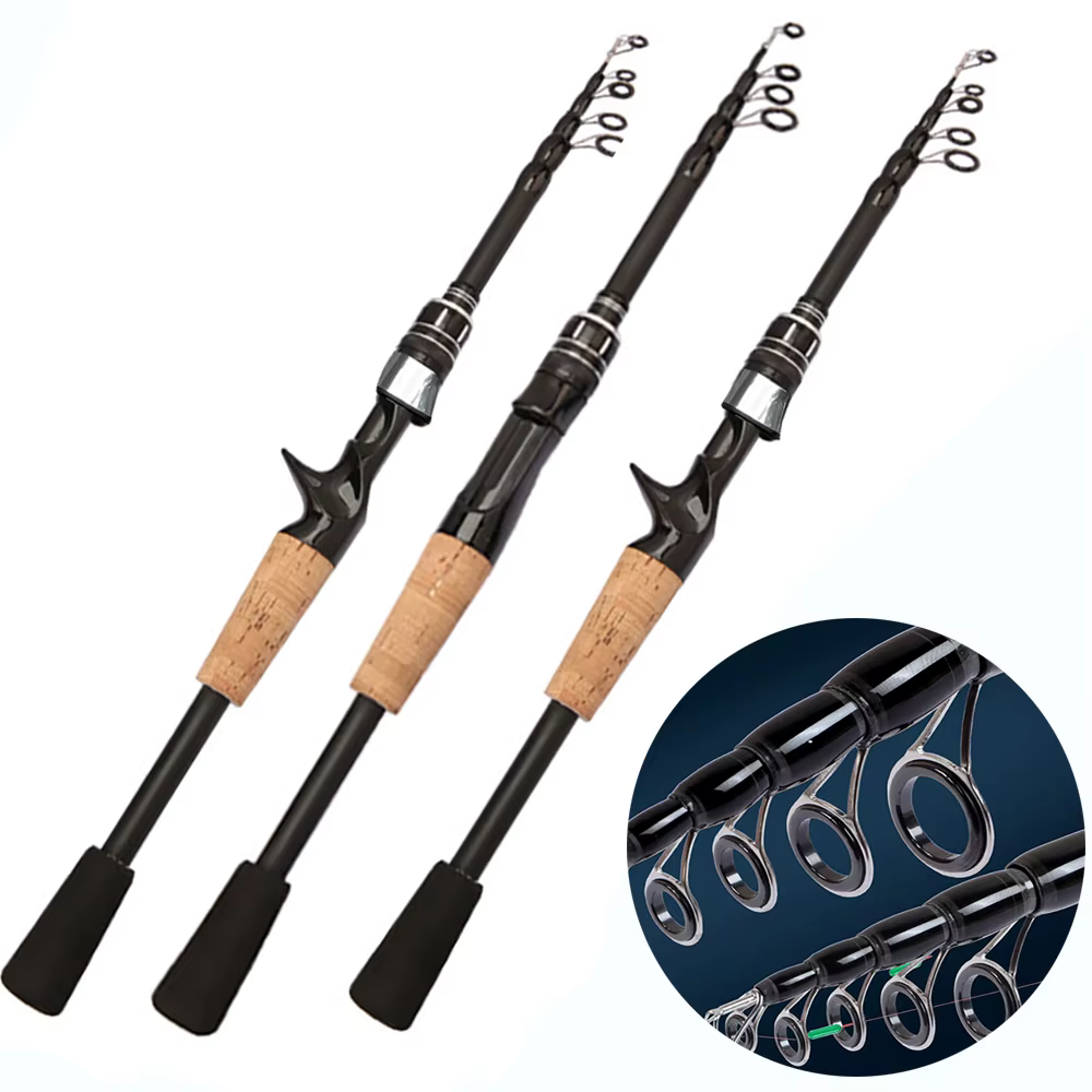 Caña telescópica carbono Baitcasting – Mango madera 8-25g