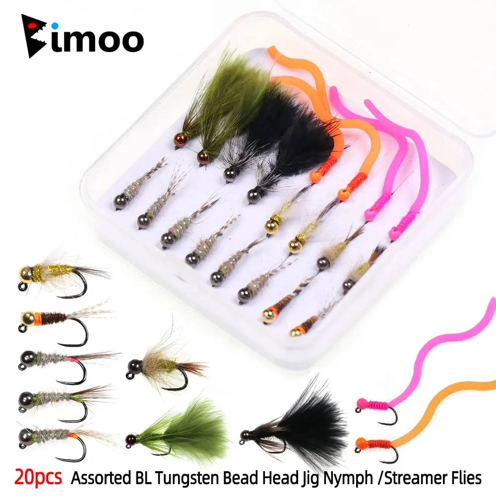 Bimoo 20pcs Flies Kit barbless tungsten bead head jig nymph