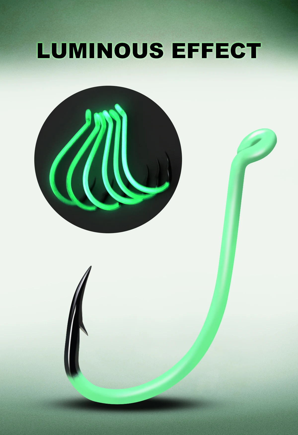 Varios anzuelos ZYZHE luminosos alineados mostrando el brillo verde