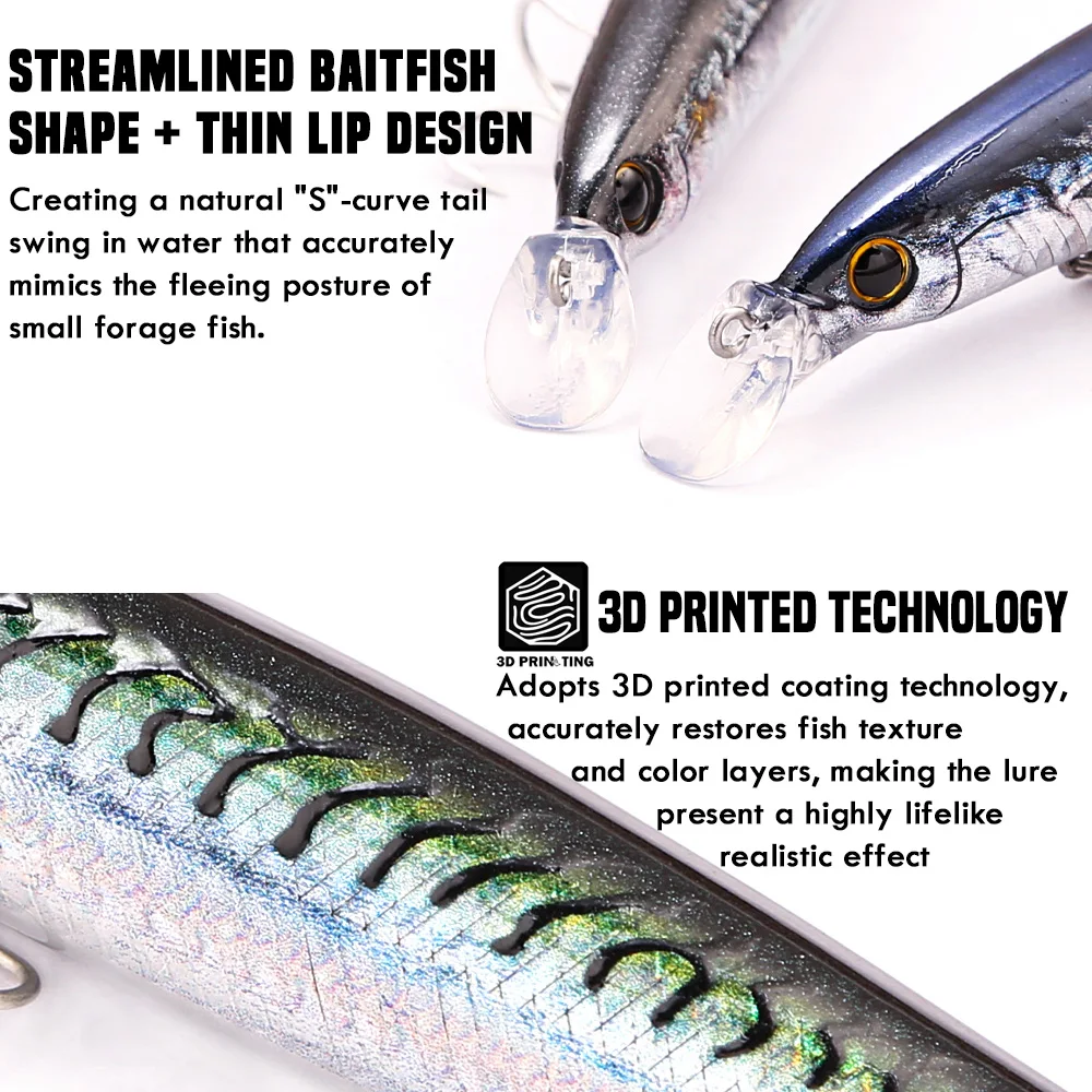 Señuelo Minnow flotante de lance lejano B&U 3D con triples - imagen 3