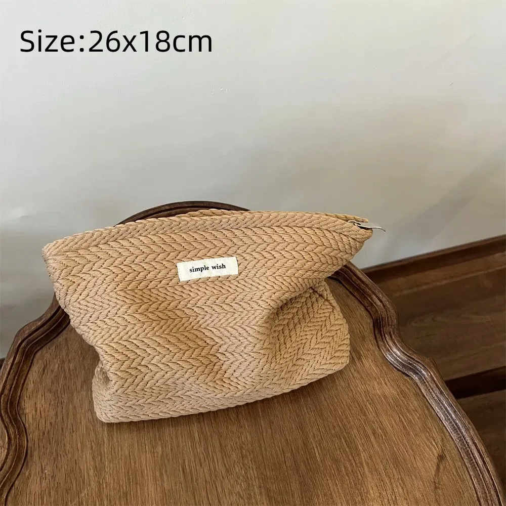 Bolsa de maquillaje portátil con cierre y gran capacidad beige café - imagen 2
