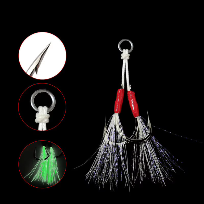 Anzuelos Jig Dobles ZYZ – Acero alto carbono con pluma luminosa para mar - imagen 5
