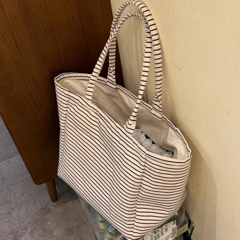 Bolsa de lona a rayas gran capacidad con asa portátil y resistente - imagen 5