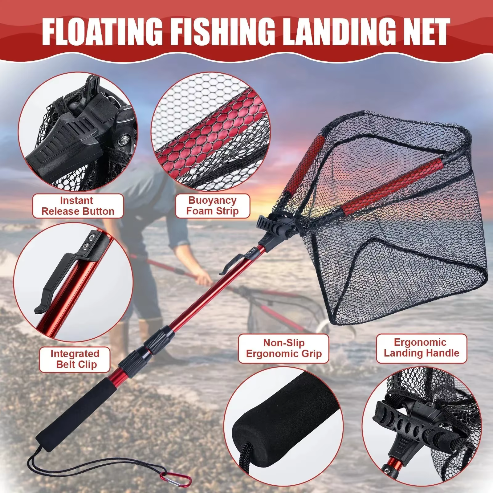 Red de pesca flotante plegable Goture – Poste telescópico con bolsa - imagen 3