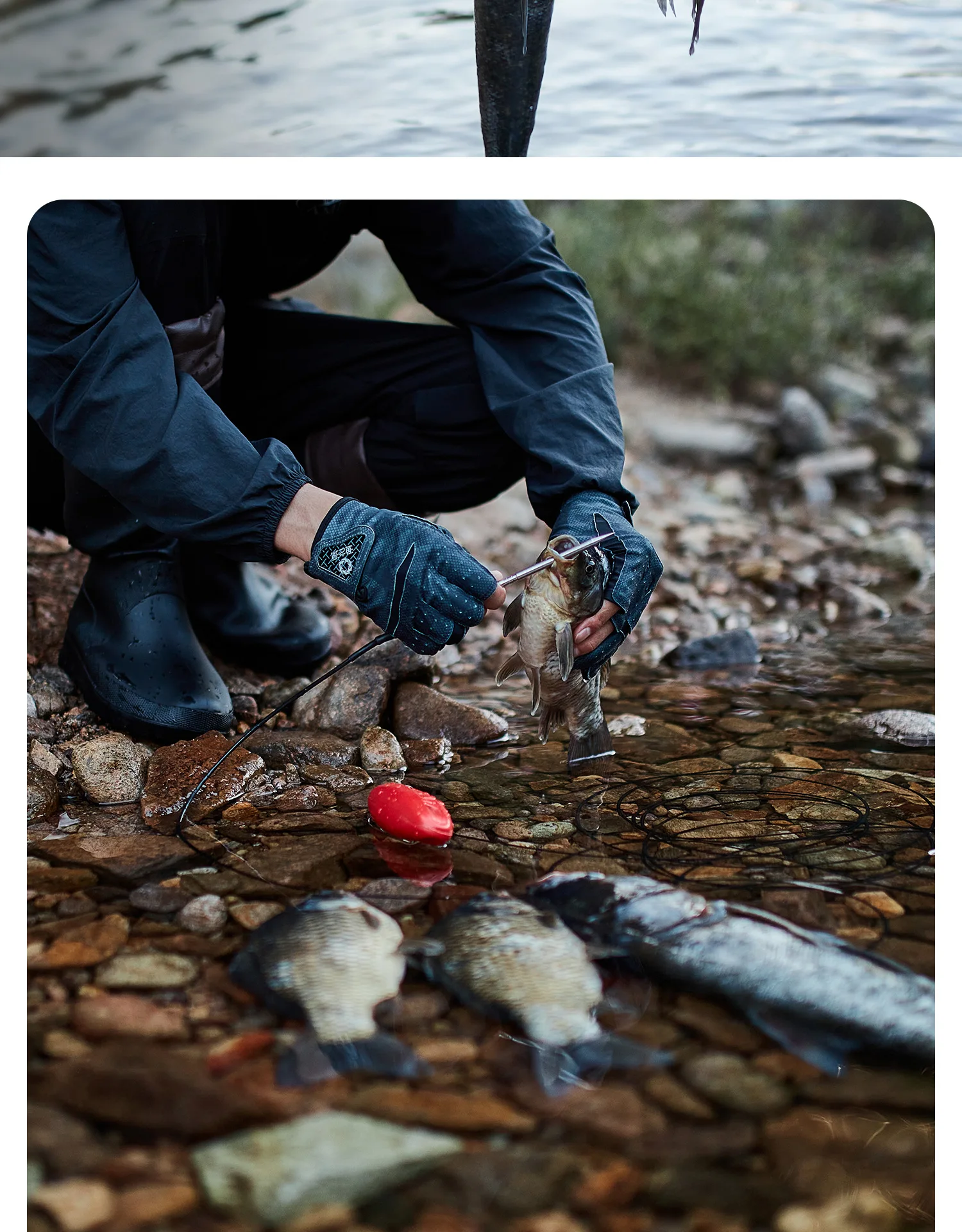 Flotador y anzuelo en acción para pesca