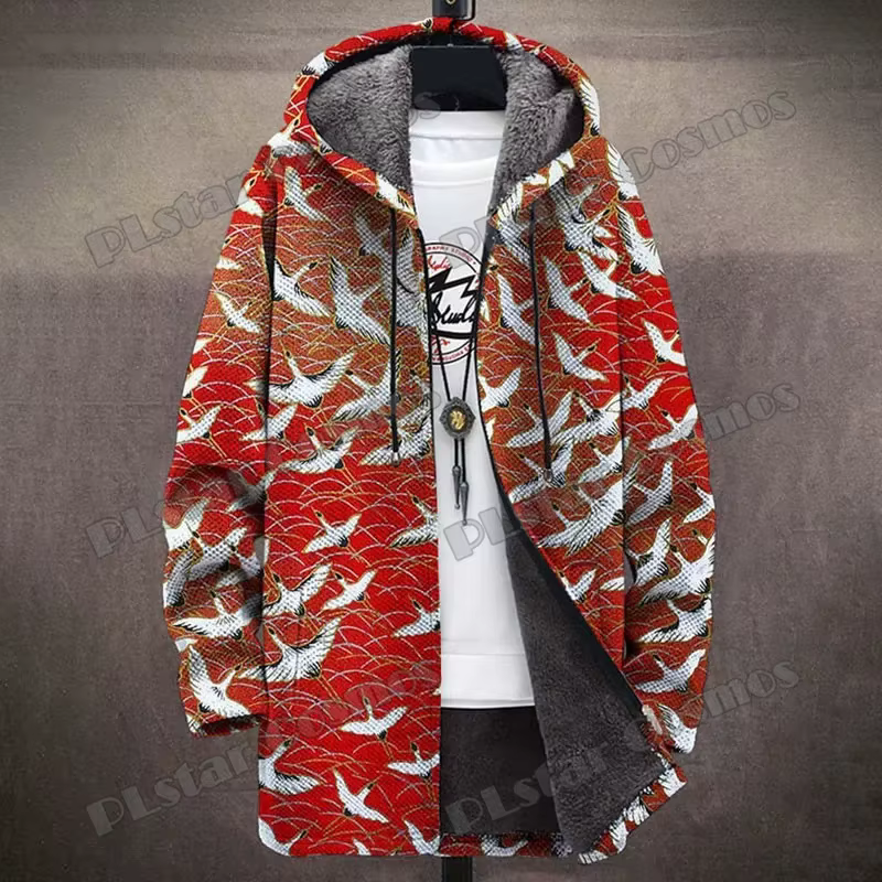 Chaqueta Abrigo Largo con Capucha Estampado 3D Grulla – Estilo Japonés