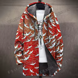 Chaqueta Abrigo Largo con Capucha Estampado 3D Grulla – Estilo Japonés