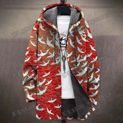 Chaqueta Abrigo Largo con Capucha Estampado 3D Grulla – Estilo Japonés