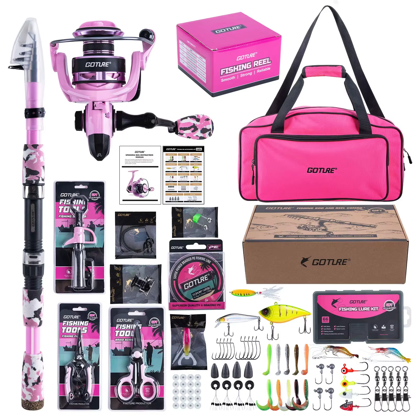 Combo Caña y Carrete Goture – Kit Telescópico con Señuelos y Bolsa