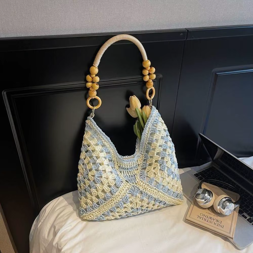 Bolso de Paja Calado Bohemio Tipo Cubo – Gran Capacidad para Playa - imagen 4