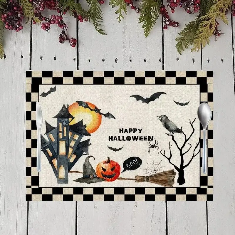 Mantel individual de lino a cuadros Halloween resistente al calor - imagen 5