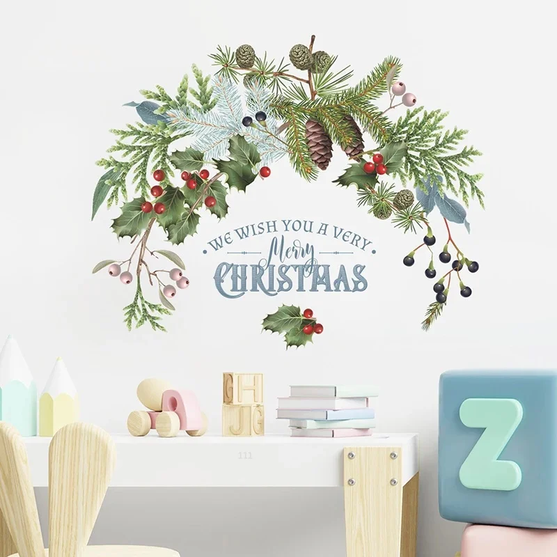 Pegatinas de pared navideñas con rama de piñas y pino verde para Año Nuevo - imagen 3