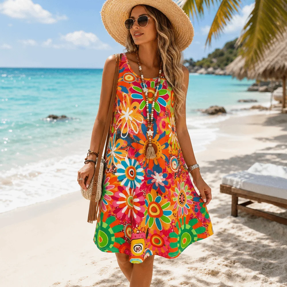 Vestido floral veraniego holgado sin mangas con cuello redondo - imagen 3