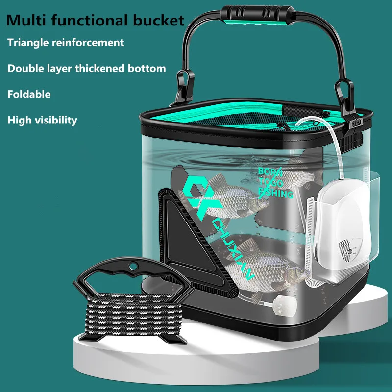 Cubo plegable para peces desplegado con estructura visible