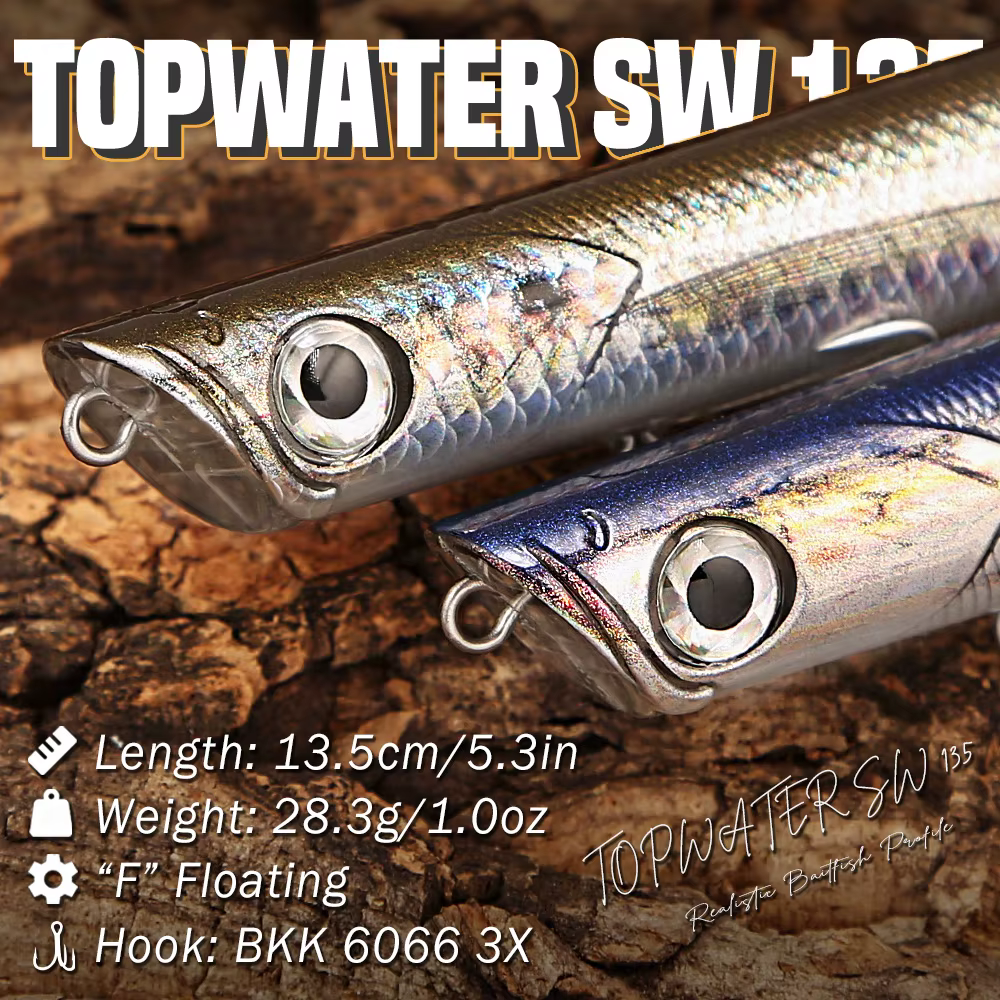 Señuelo Popper B&U 135 mm – Superficie salada con anzuelos BKK 3X - imagen 5