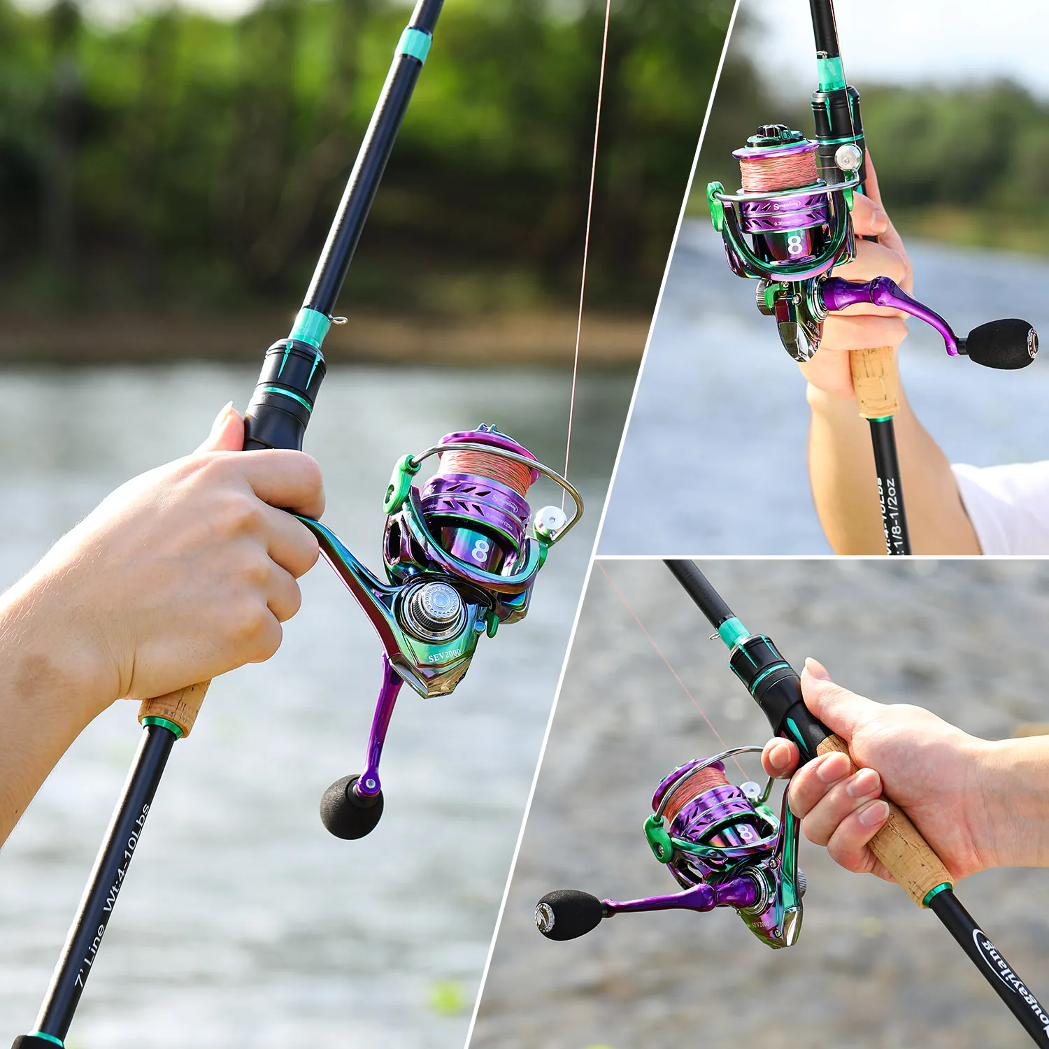 Una persona que sostiene una caña de pescar con un carrete morado y verde